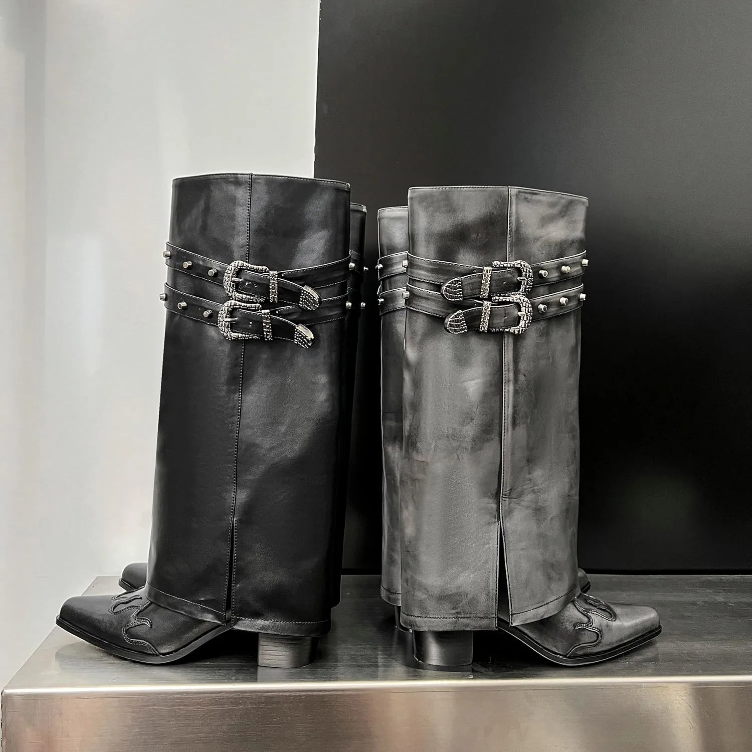JANSEVEN Fold Over Boots for Women Overlay Knee High Boot Chunky Block Mid Heel Pull On Tall Boots Foldover Wide calf Boots