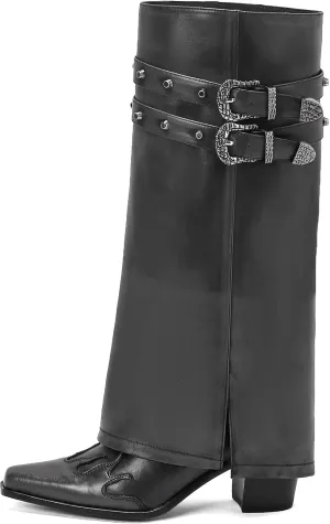 JANSEVEN Fold Over Boots for Women Overlay Knee High Boot Chunky Block Mid Heel Pull On Tall Boots Foldover Wide calf Boots