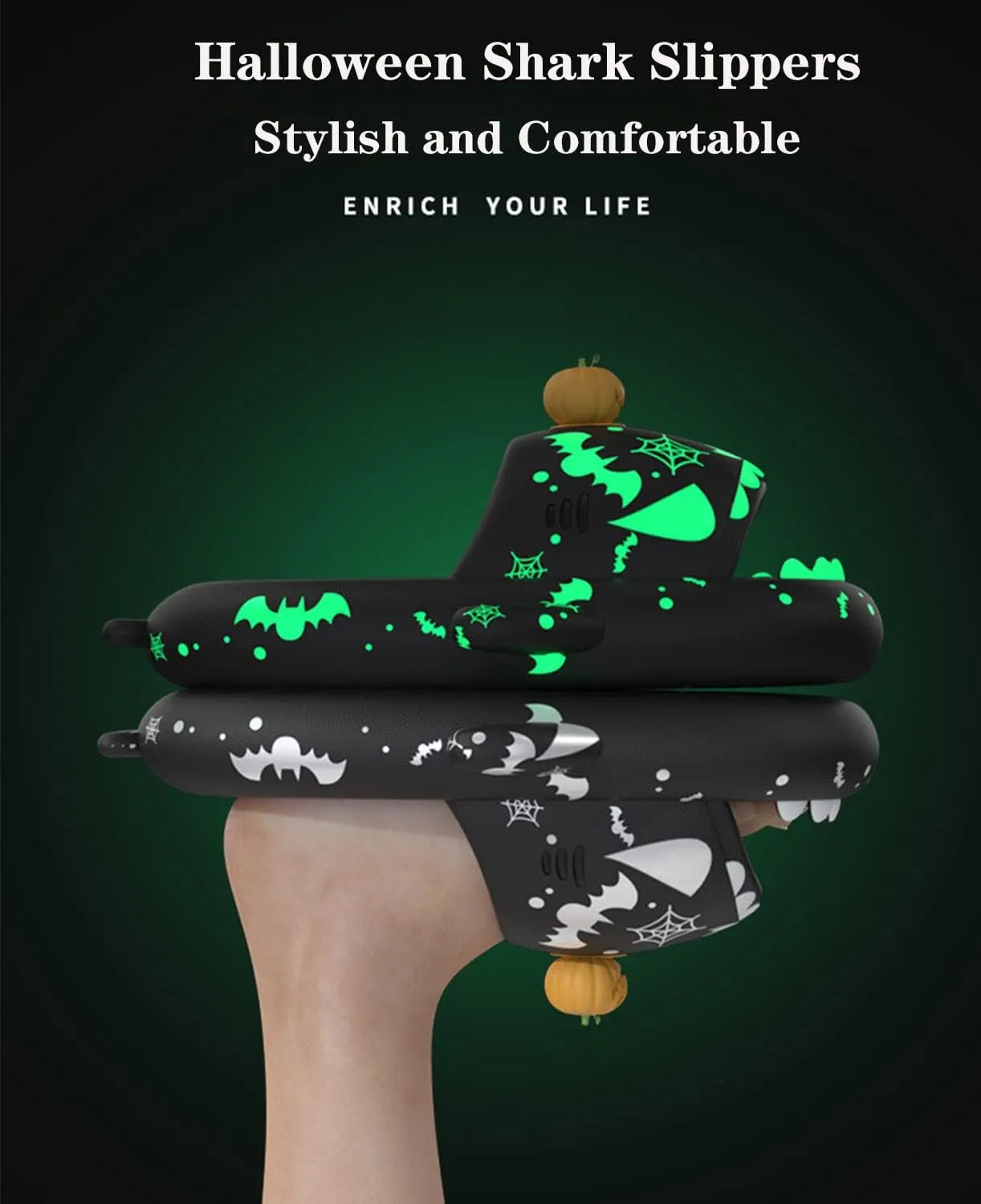 Jfxgjuv Luminous Shark Slippers, Spooky Shark Slides, Pumpkin Shark Slides, Glow in The Dark Halloween Shark Slides, Christmas Shark Slides, Santa Shark Slides Sandals