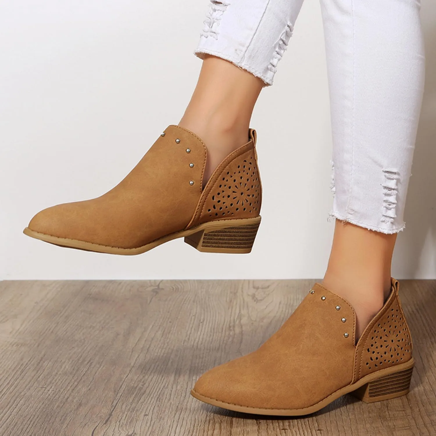 JITUUE Ankle Boots for women Casual Cut Out Slip On Low Heel Short Chunky Stacked Heel Perforated Side V Cut Western Booties Cutout Shoes