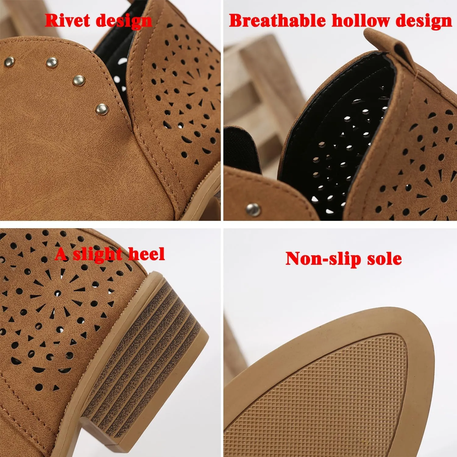 JITUUE Ankle Boots for women Casual Cut Out Slip On Low Heel Short Chunky Stacked Heel Perforated Side V Cut Western Booties Cutout Shoes