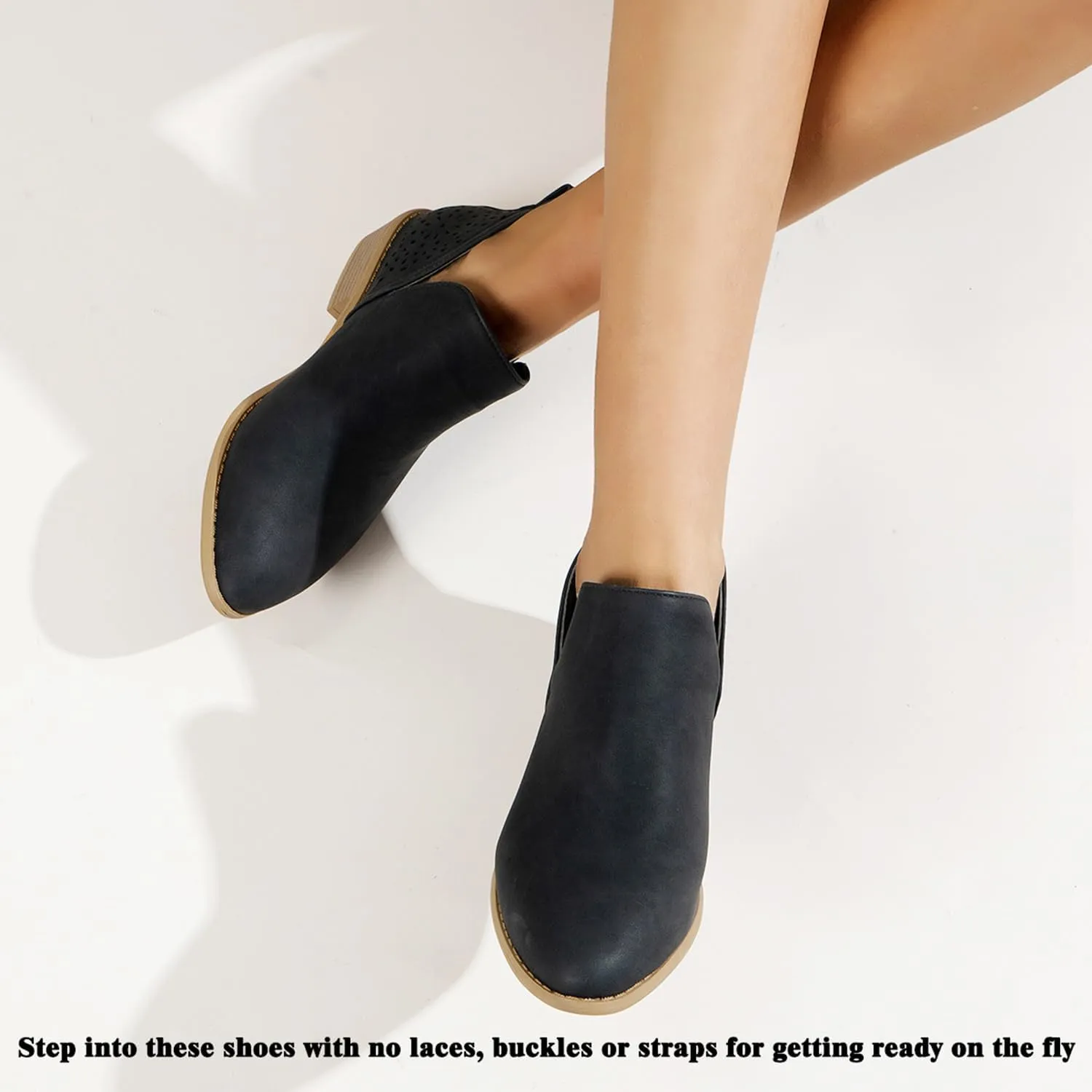 JITUUE Ankle Boots for women Casual Cut Out Slip On Low Heel Short Chunky Stacked Heel Perforated Side V Cut Western Booties Cutout Shoes