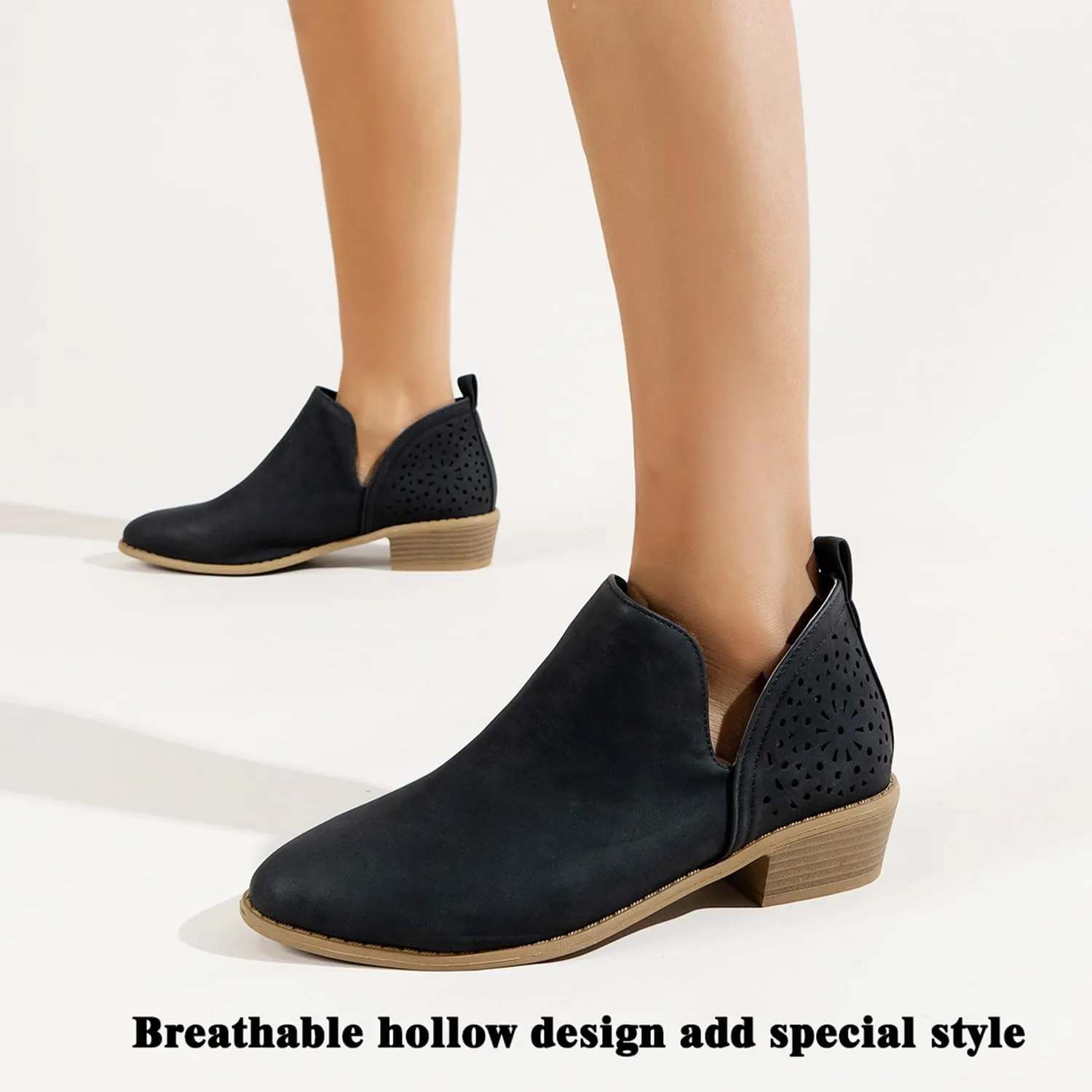 JITUUE Ankle Boots for women Casual Cut Out Slip On Low Heel Short Chunky Stacked Heel Perforated Side V Cut Western Booties Cutout Shoes
