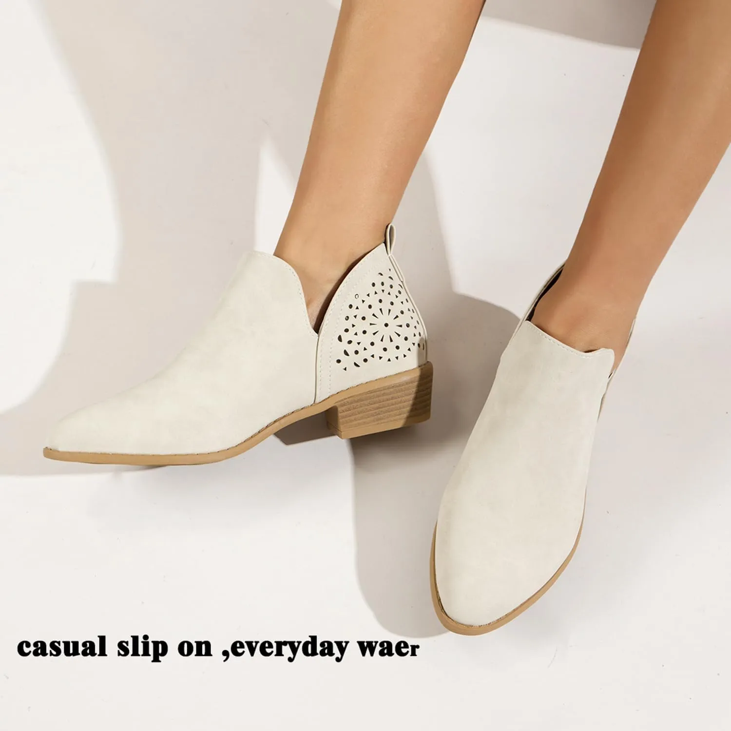 JITUUE Ankle Boots for women Casual Cut Out Slip On Low Heel Short Chunky Stacked Heel Perforated Side V Cut Western Booties Cutout Shoes