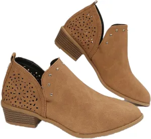 JITUUE Ankle Boots for women Casual Cut Out Slip On Low Heel Short Chunky Stacked Heel Perforated Side V Cut Western Booties Cutout Shoes