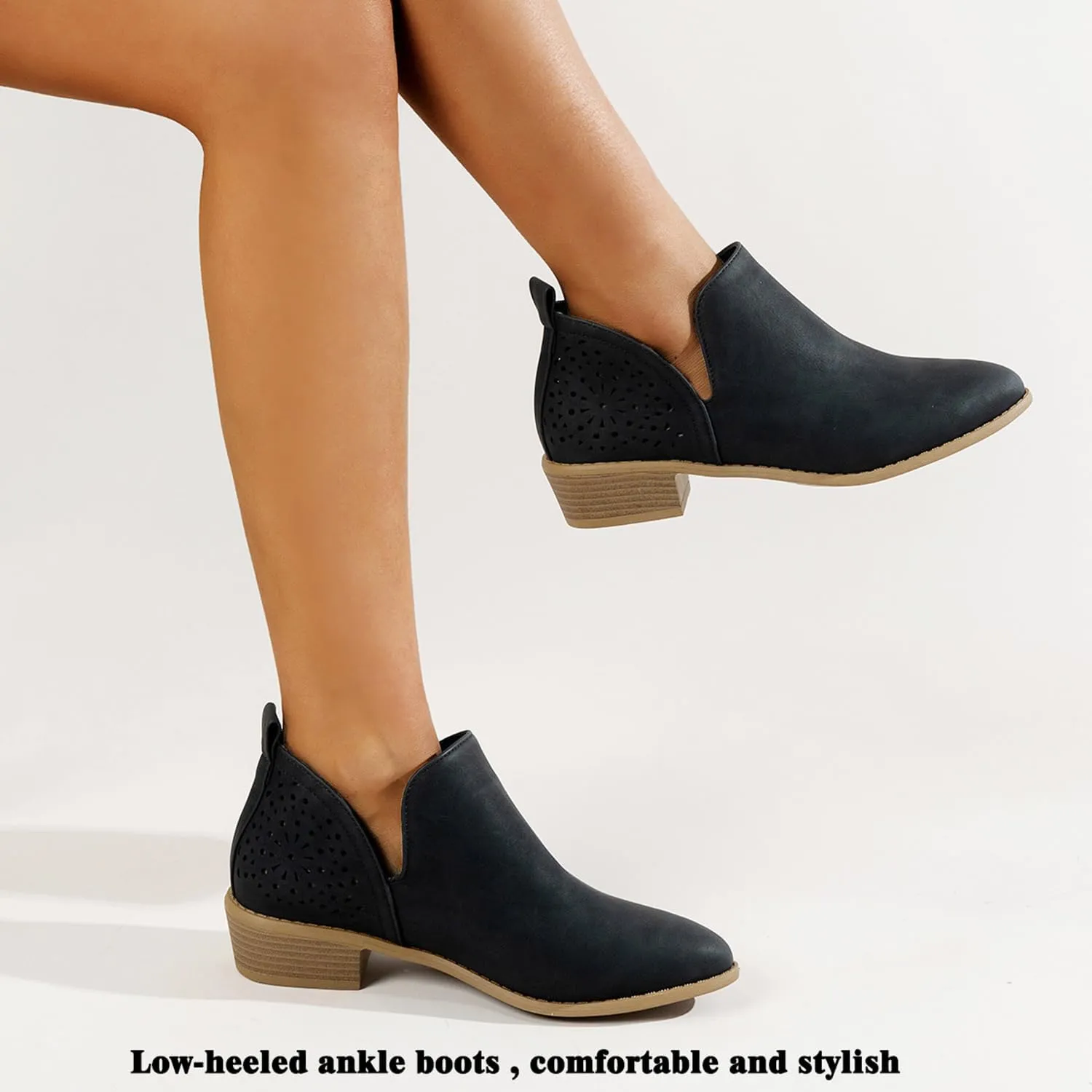 JITUUE Ankle Boots for women Casual Cut Out Slip On Low Heel Short Chunky Stacked Heel Perforated Side V Cut Western Booties Cutout Shoes