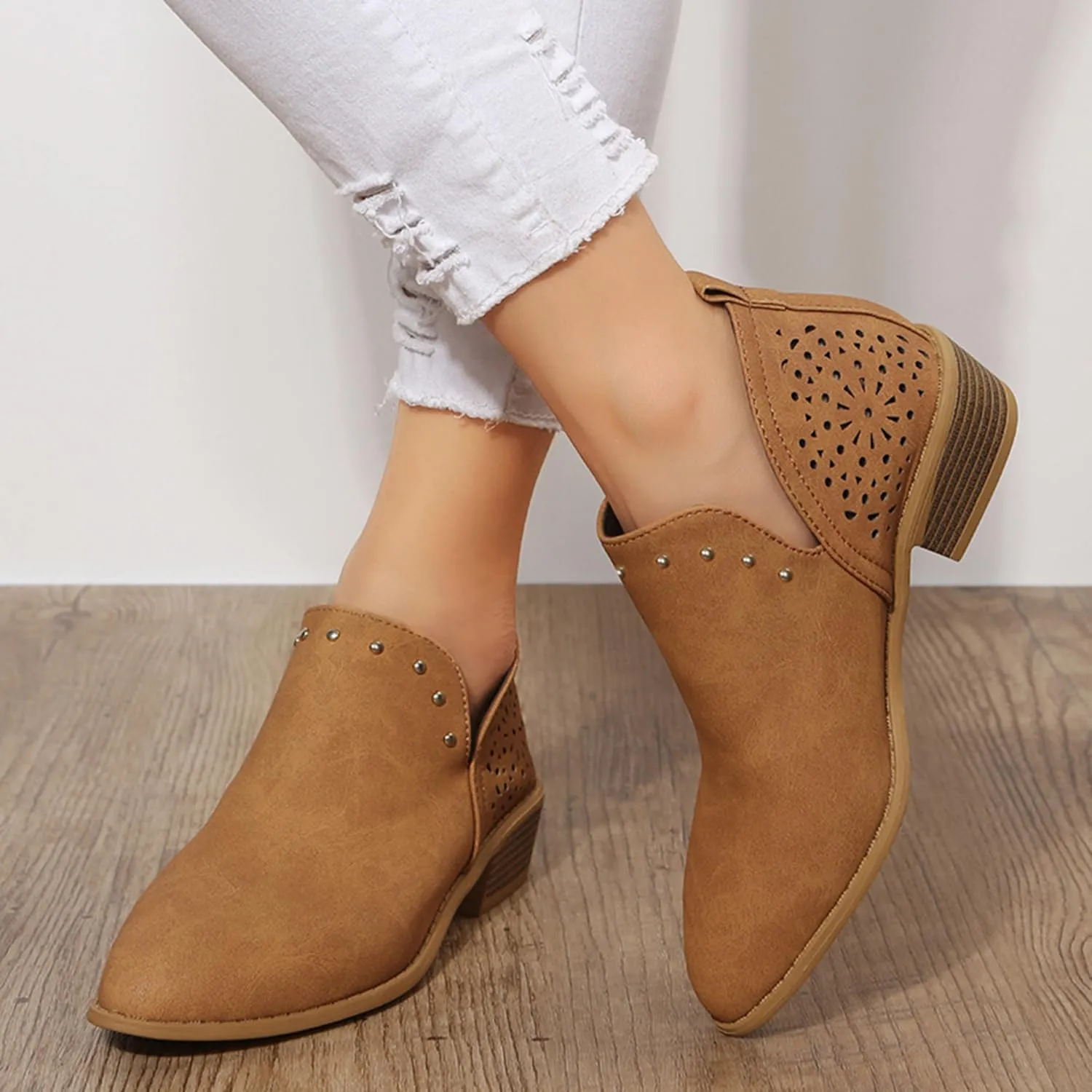 JITUUE Ankle Boots for women Casual Cut Out Slip On Low Heel Short Chunky Stacked Heel Perforated Side V Cut Western Booties Cutout Shoes