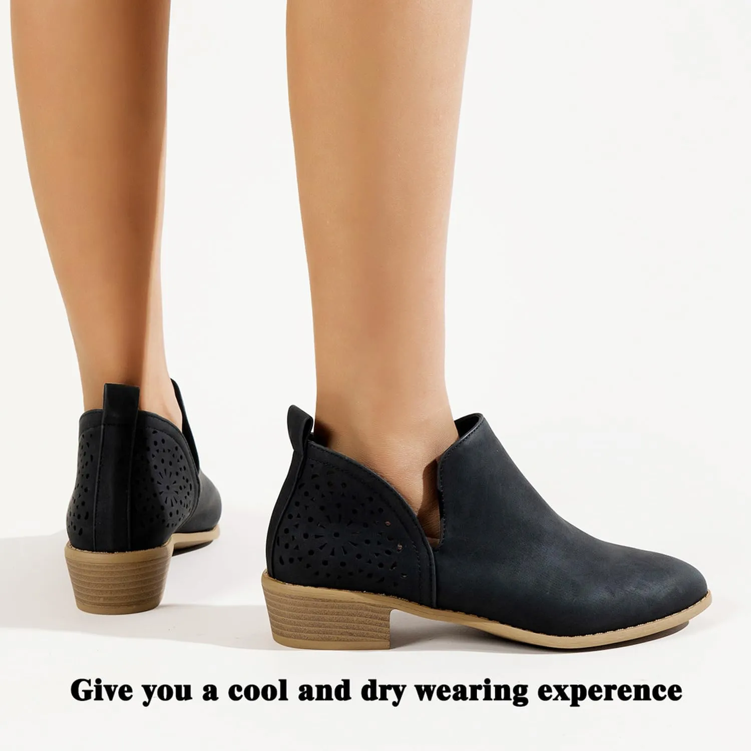 JITUUE Ankle Boots for women Casual Cut Out Slip On Low Heel Short Chunky Stacked Heel Perforated Side V Cut Western Booties Cutout Shoes