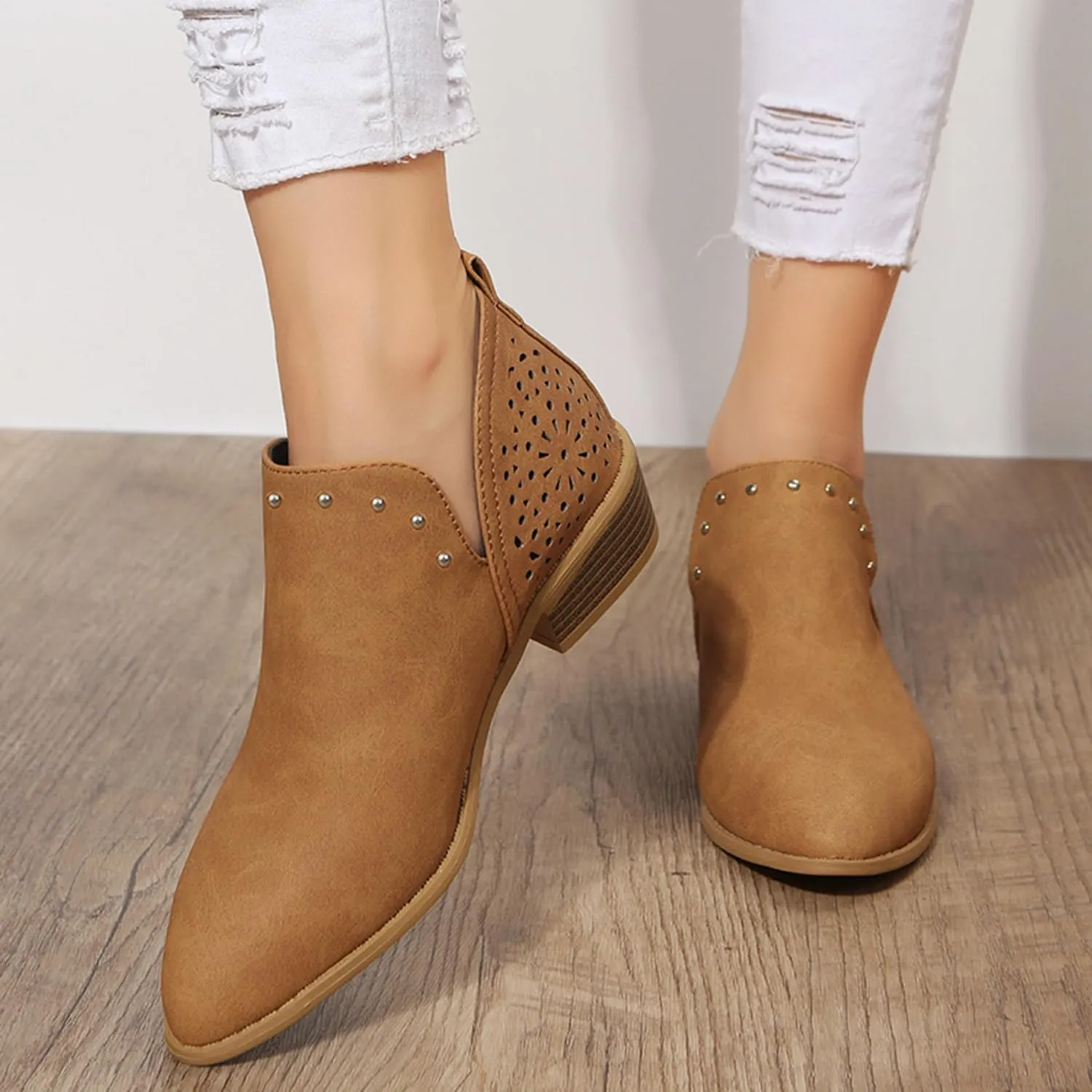 JITUUE Ankle Boots for women Casual Cut Out Slip On Low Heel Short Chunky Stacked Heel Perforated Side V Cut Western Booties Cutout Shoes