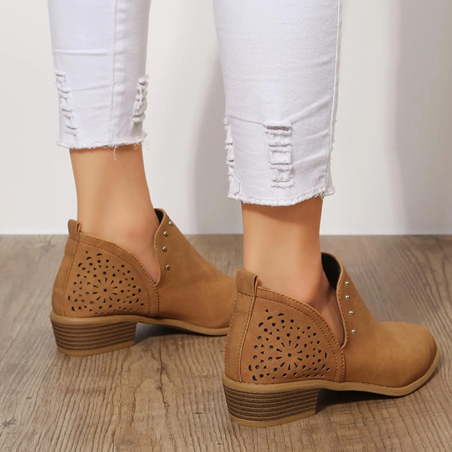 JITUUE Ankle Boots for women Casual Cut Out Slip On Low Heel Short Chunky Stacked Heel Perforated Side V Cut Western Booties Cutout Shoes