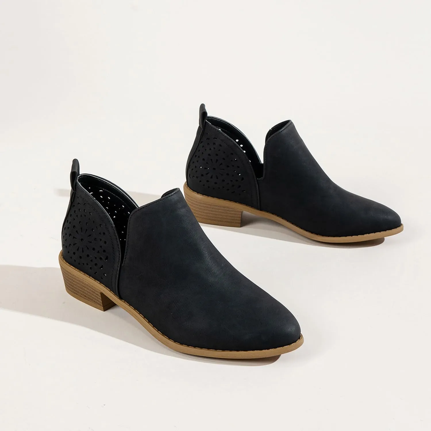 JITUUE Ankle Boots for women Casual Cut Out Slip On Low Heel Short Chunky Stacked Heel Perforated Side V Cut Western Booties Cutout Shoes