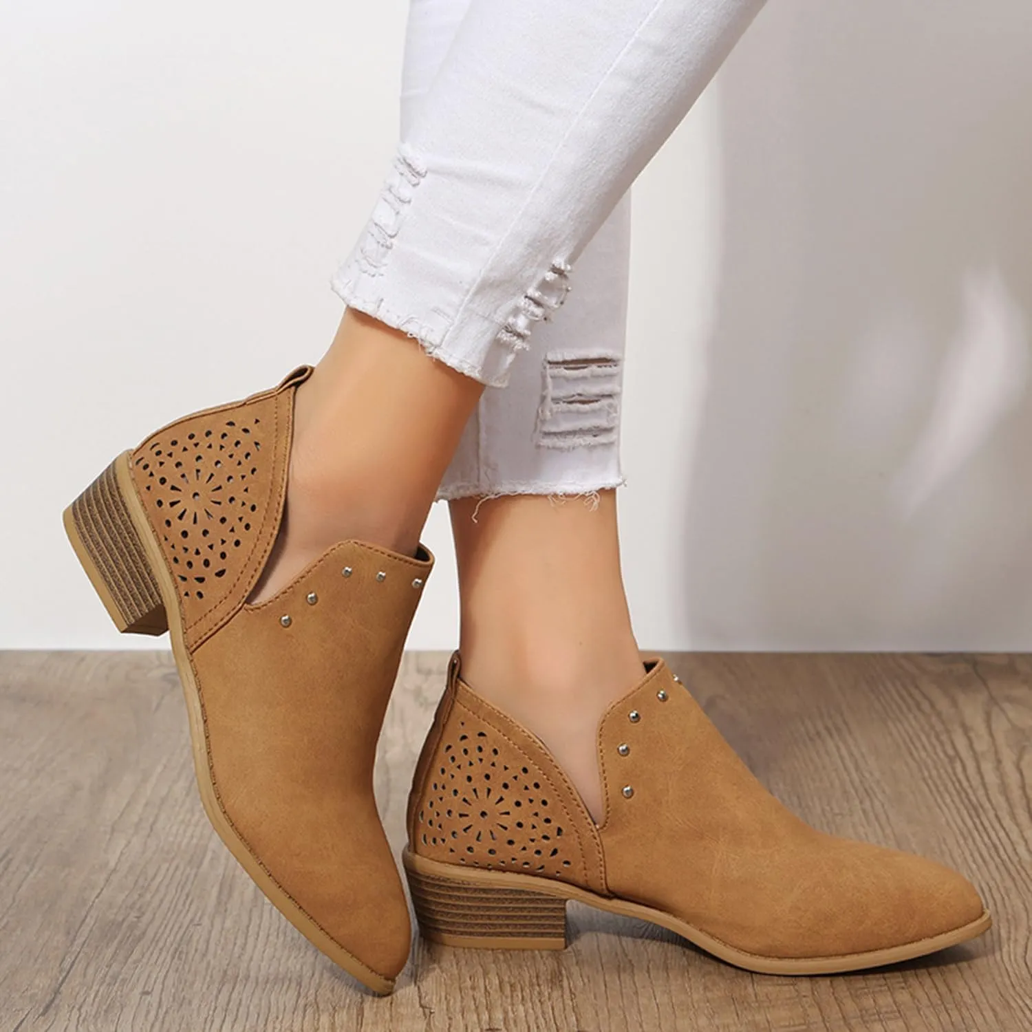 JITUUE Ankle Boots for women Casual Cut Out Slip On Low Heel Short Chunky Stacked Heel Perforated Side V Cut Western Booties Cutout Shoes