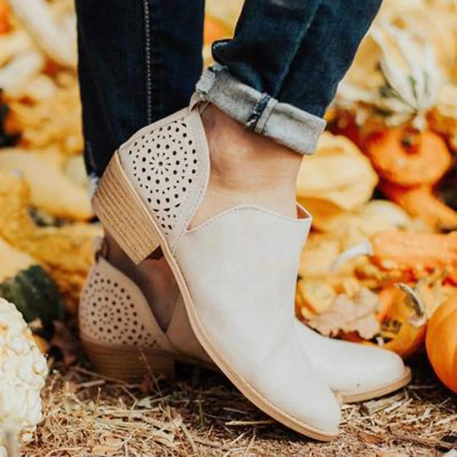 JITUUE Ankle Boots for women Casual Cut Out Slip On Low Heel Short Chunky Stacked Heel Perforated Side V Cut Western Booties Cutout Shoes