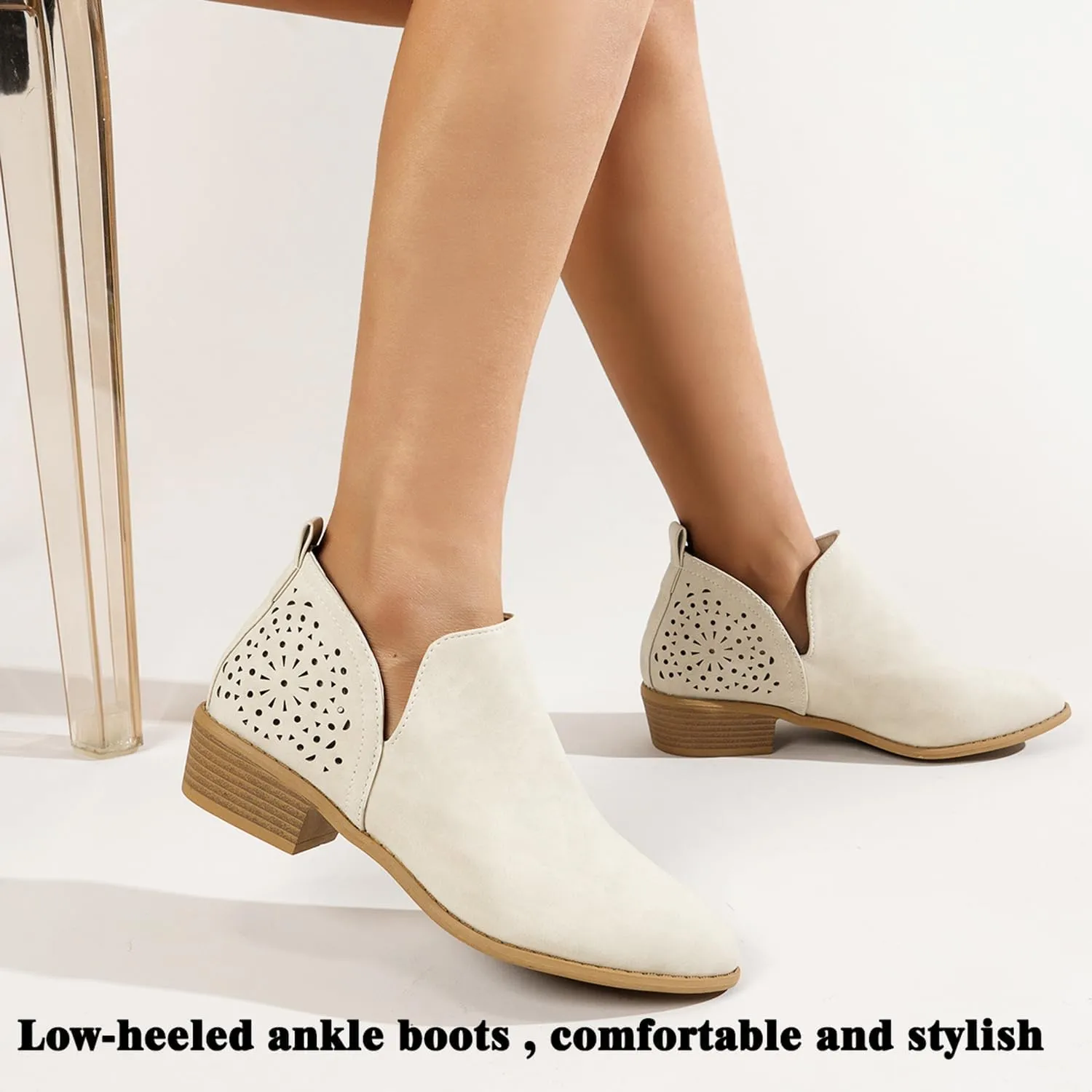 JITUUE Ankle Boots for women Casual Cut Out Slip On Low Heel Short Chunky Stacked Heel Perforated Side V Cut Western Booties Cutout Shoes