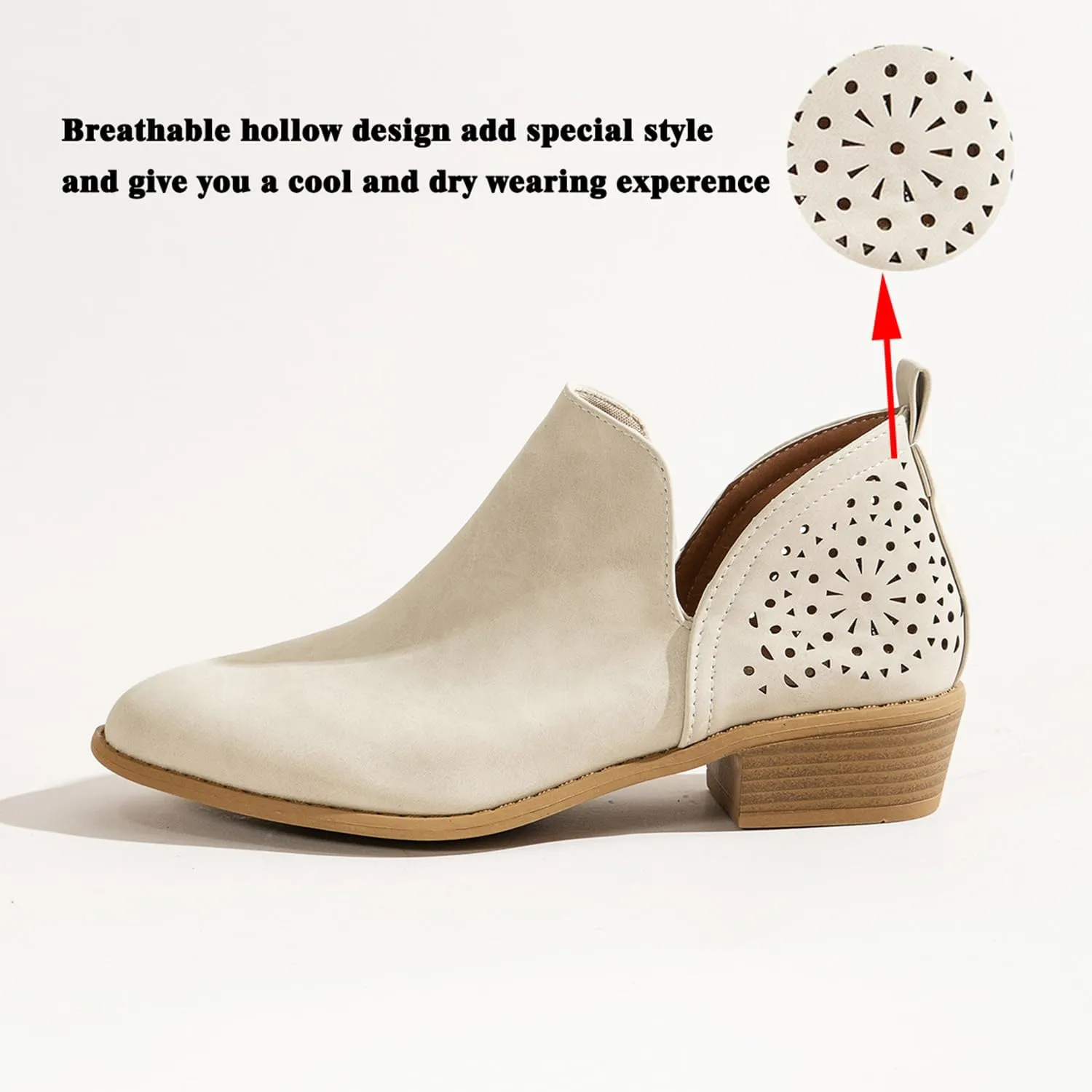 JITUUE Ankle Boots for women Casual Cut Out Slip On Low Heel Short Chunky Stacked Heel Perforated Side V Cut Western Booties Cutout Shoes