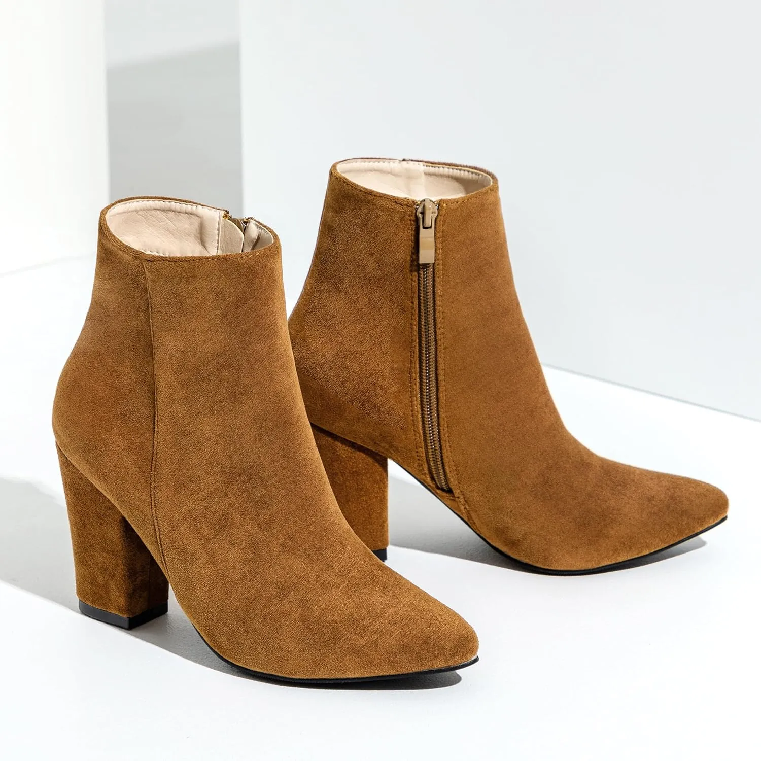 Jiu du Suede Ankle Boots for Women Chunky Block High Heel Booties Sexy Pointed Toe Side Zipper Disco Dressy Short GOGO Boots
