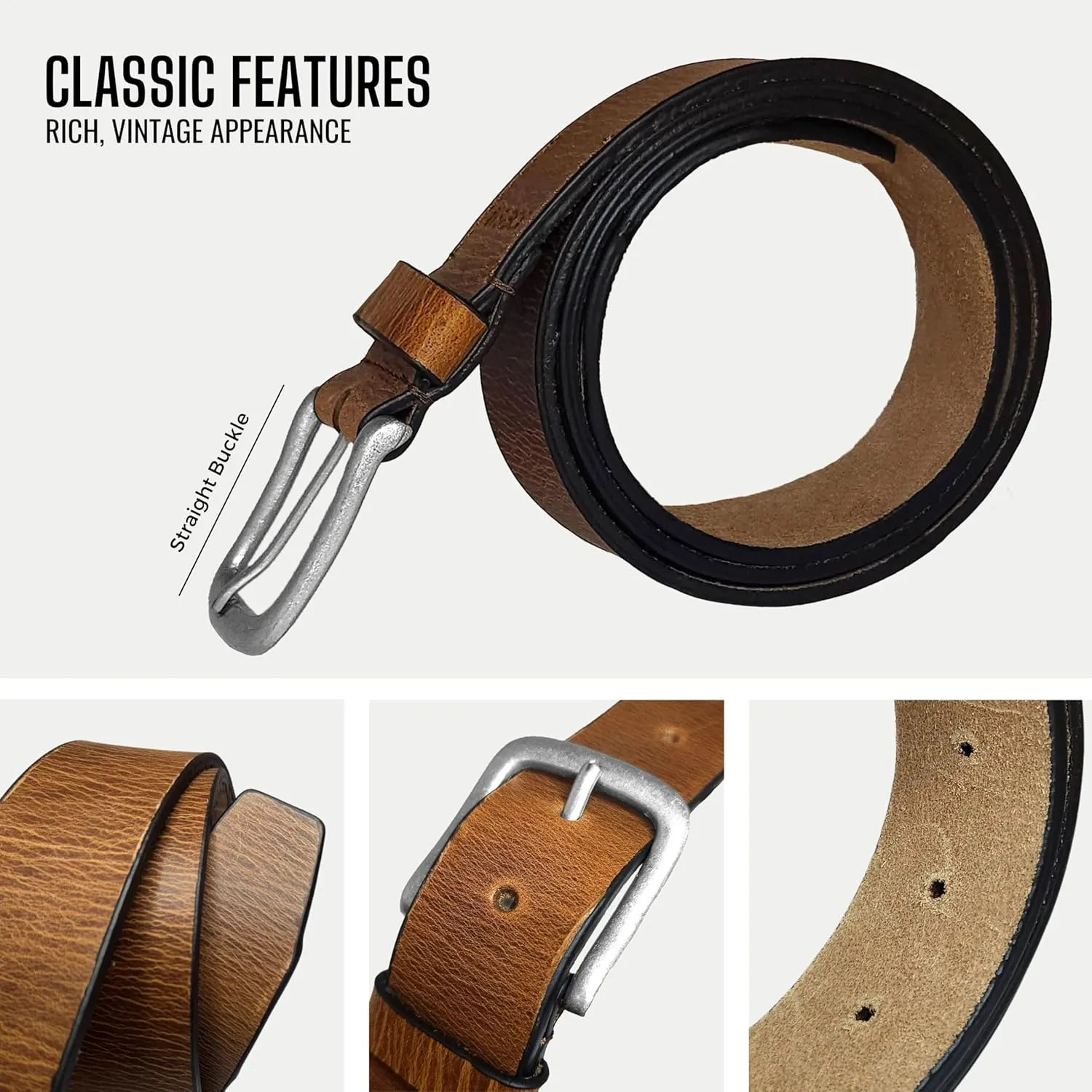 Joe's Jean Mens 38mm Full Grain Genuine Leather Belt, Vintage Style Antique Silver Buckle