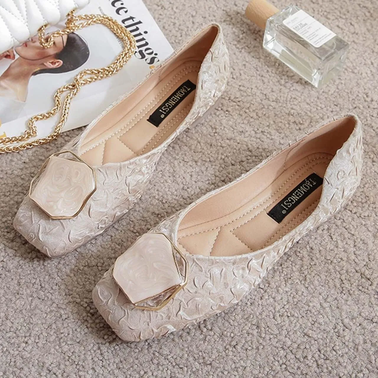 JOEupin Women's Square Toe Flat Shoes Soft Sole Slip on Dress Shoes Ballet Walking Loafers