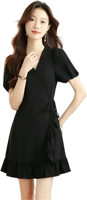 JYHBHMZG Women's Summer French Elegant Slimming Black Tea Short Dress