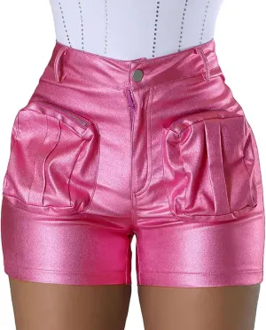 KANSOON Leather Shorts for Women Sexy Faux High Waisted Metallic Rave Cargo Shorts with Pockets