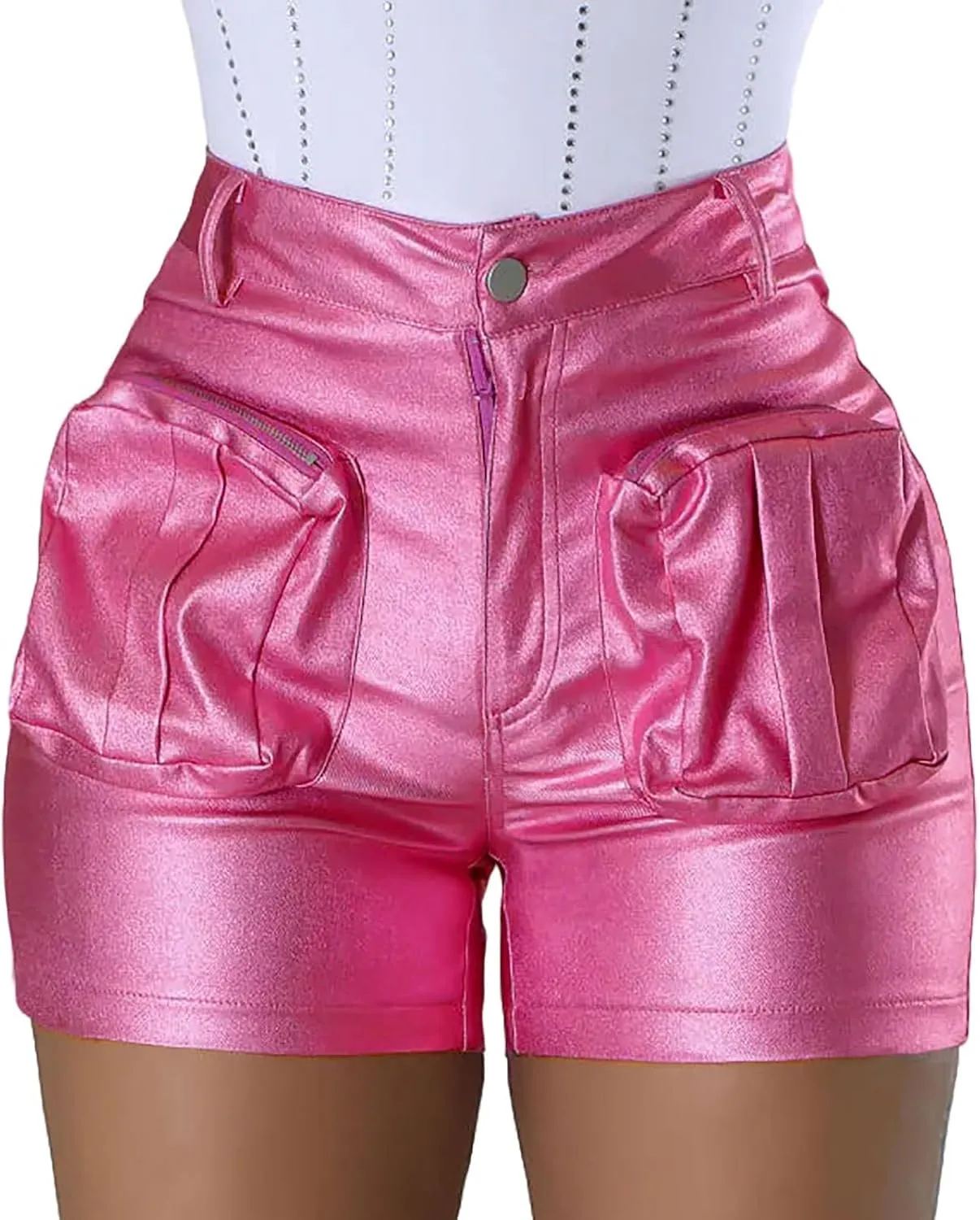 KANSOON Leather Shorts for Women Sexy Faux High Waisted Metallic Rave Cargo Shorts with Pockets