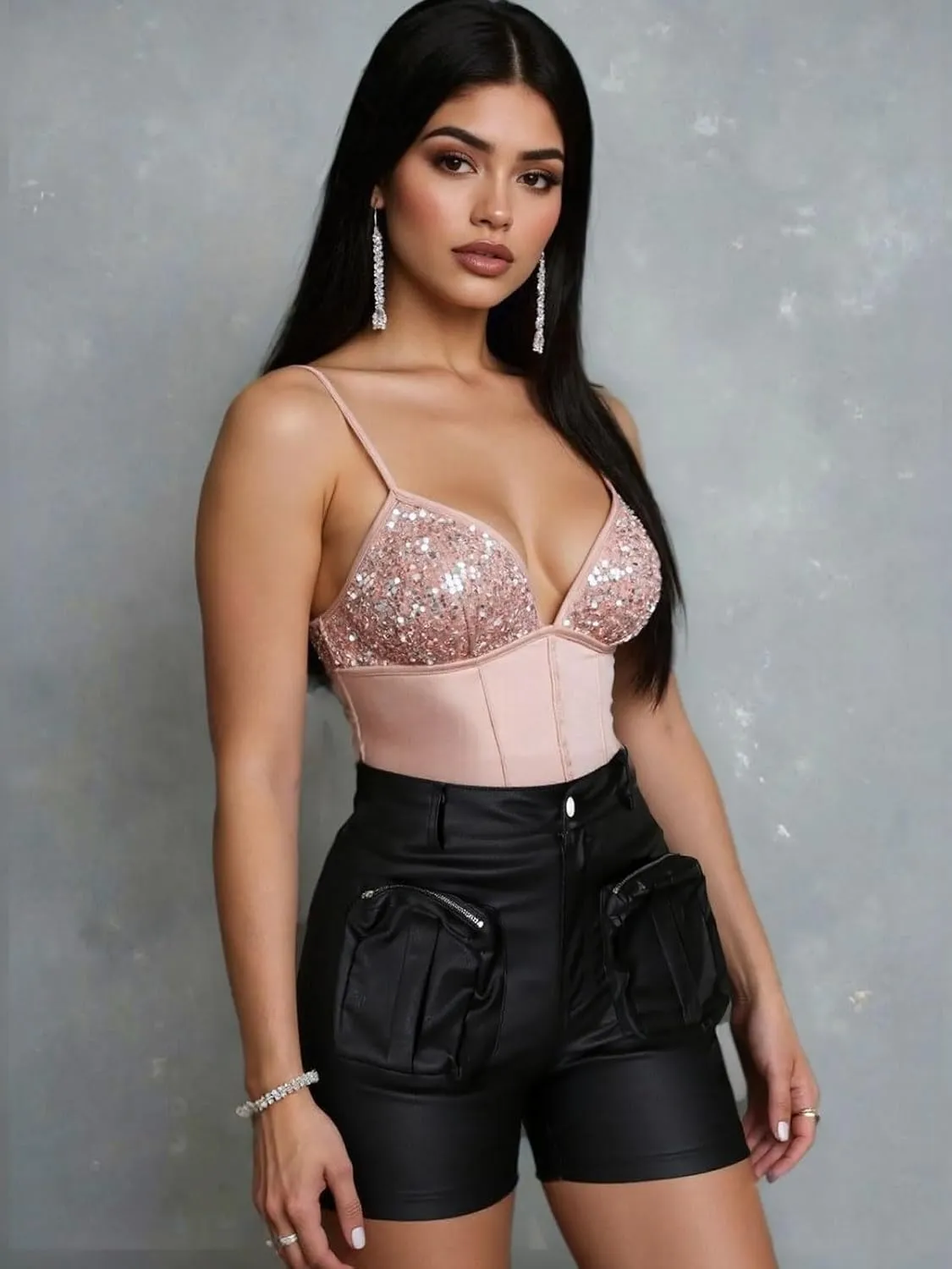 KANSOON Leather Shorts for Women Sexy Faux High Waisted Metallic Rave Cargo Shorts with Pockets