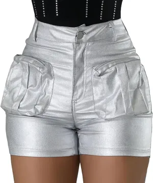 KANSOON Leather Shorts for Women Sexy Faux High Waisted Metallic Rave Cargo Shorts with Pockets