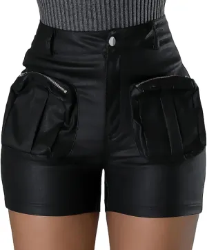 KANSOON Leather Shorts for Women Sexy Faux High Waisted Metallic Rave Cargo Shorts with Pockets