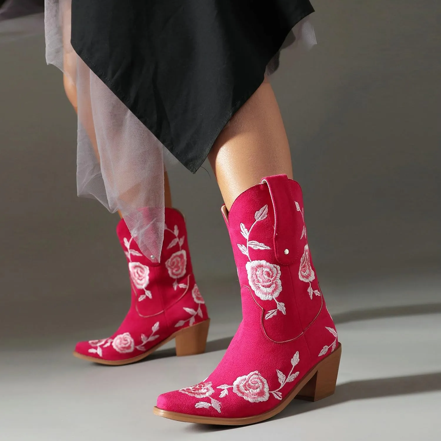 KiutSymo Women Cowgirl Boots Mid Calf Western Boots Floral Embroidered Square Toe Cowboy Boots for Women Block Chunky Heel Pull-On Tabs Retro Ladies Boots