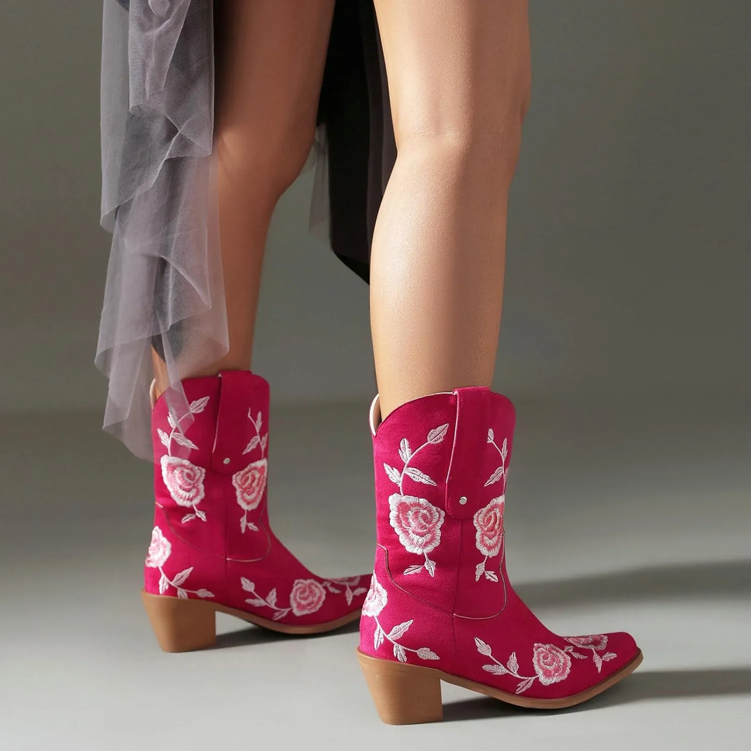 KiutSymo Women Cowgirl Boots Mid Calf Western Boots Floral Embroidered Square Toe Cowboy Boots for Women Block Chunky Heel Pull-On Tabs Retro Ladies Boots