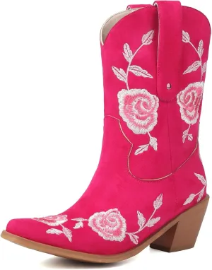 KiutSymo Women Cowgirl Boots Mid Calf Western Boots Floral Embroidered Square Toe Cowboy Boots for Women Block Chunky Heel Pull-On Tabs Retro Ladies Boots