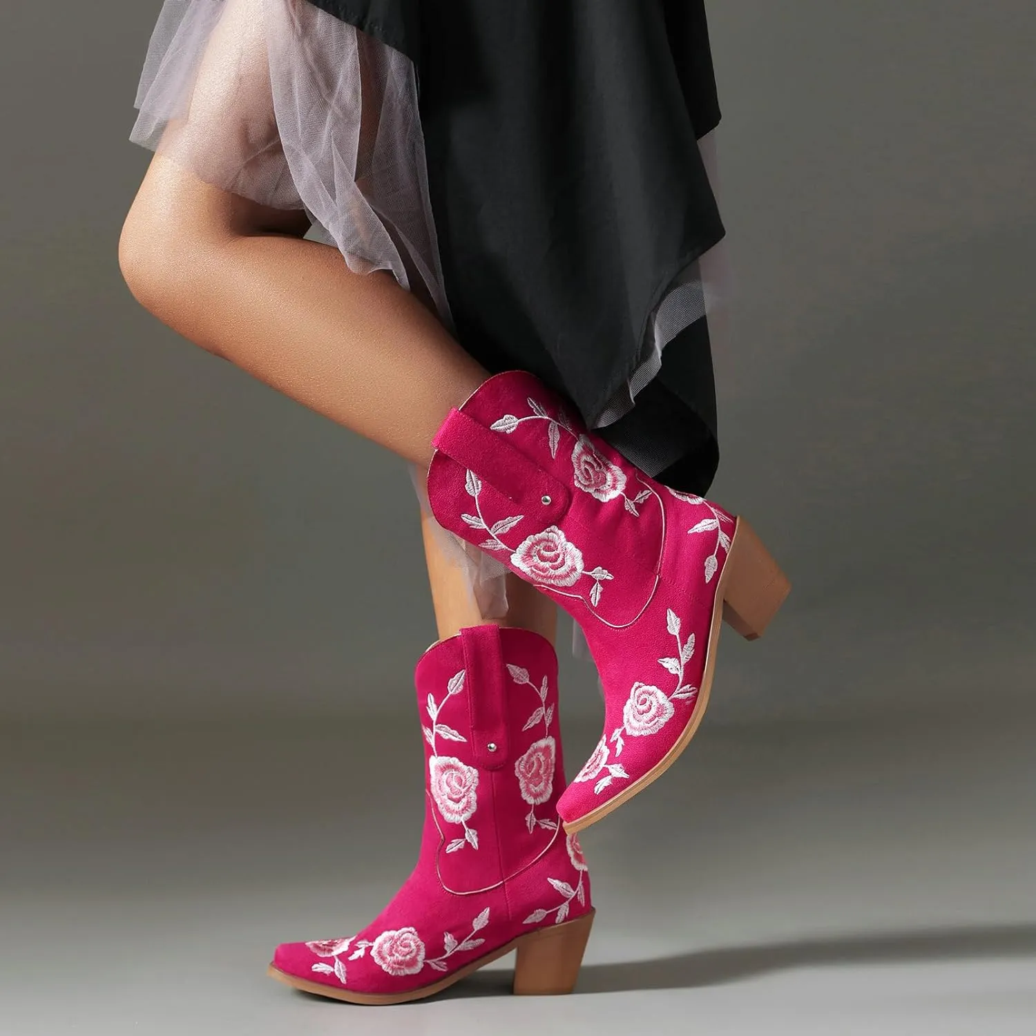 KiutSymo Women Cowgirl Boots Mid Calf Western Boots Floral Embroidered Square Toe Cowboy Boots for Women Block Chunky Heel Pull-On Tabs Retro Ladies Boots