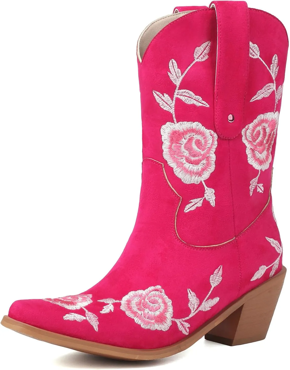 KiutSymo Women Cowgirl Boots Mid Calf Western Boots Floral Embroidered Square Toe Cowboy Boots for Women Block Chunky Heel Pull-On Tabs Retro Ladies Boots