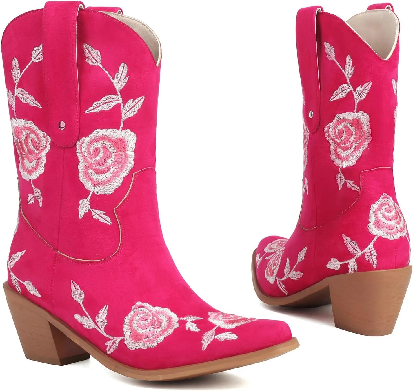 KiutSymo Women Cowgirl Boots Mid Calf Western Boots Floral Embroidered Square Toe Cowboy Boots for Women Block Chunky Heel Pull-On Tabs Retro Ladies Boots