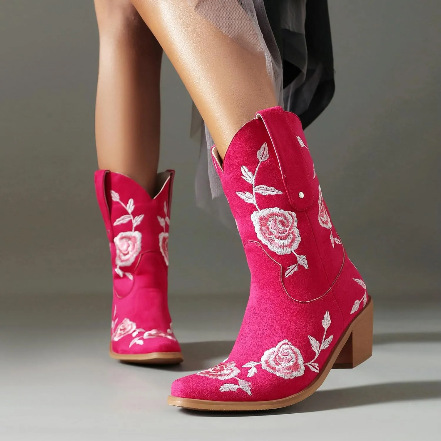 KiutSymo Women Cowgirl Boots Mid Calf Western Boots Floral Embroidered Square Toe Cowboy Boots for Women Block Chunky Heel Pull-On Tabs Retro Ladies Boots