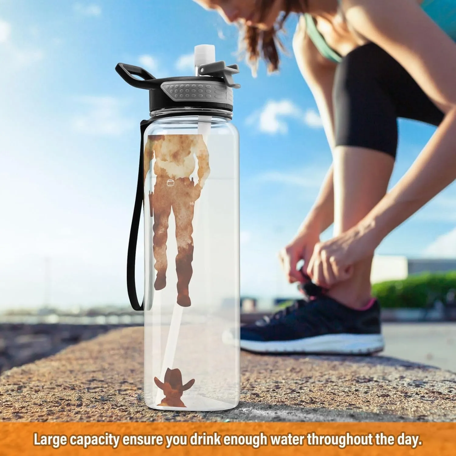 KLL Western Cowboy Boots Gun Grasslands Sports Water Bottles Tritan Plastic Water Bottle with Handle for Athletic 32oz