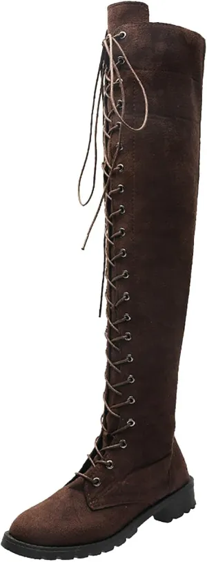 Knee Boots for Women Lace Up Over The Knee Boots Round Toe Low Heel Side Zipper Boots Fashion Thigh High Boots