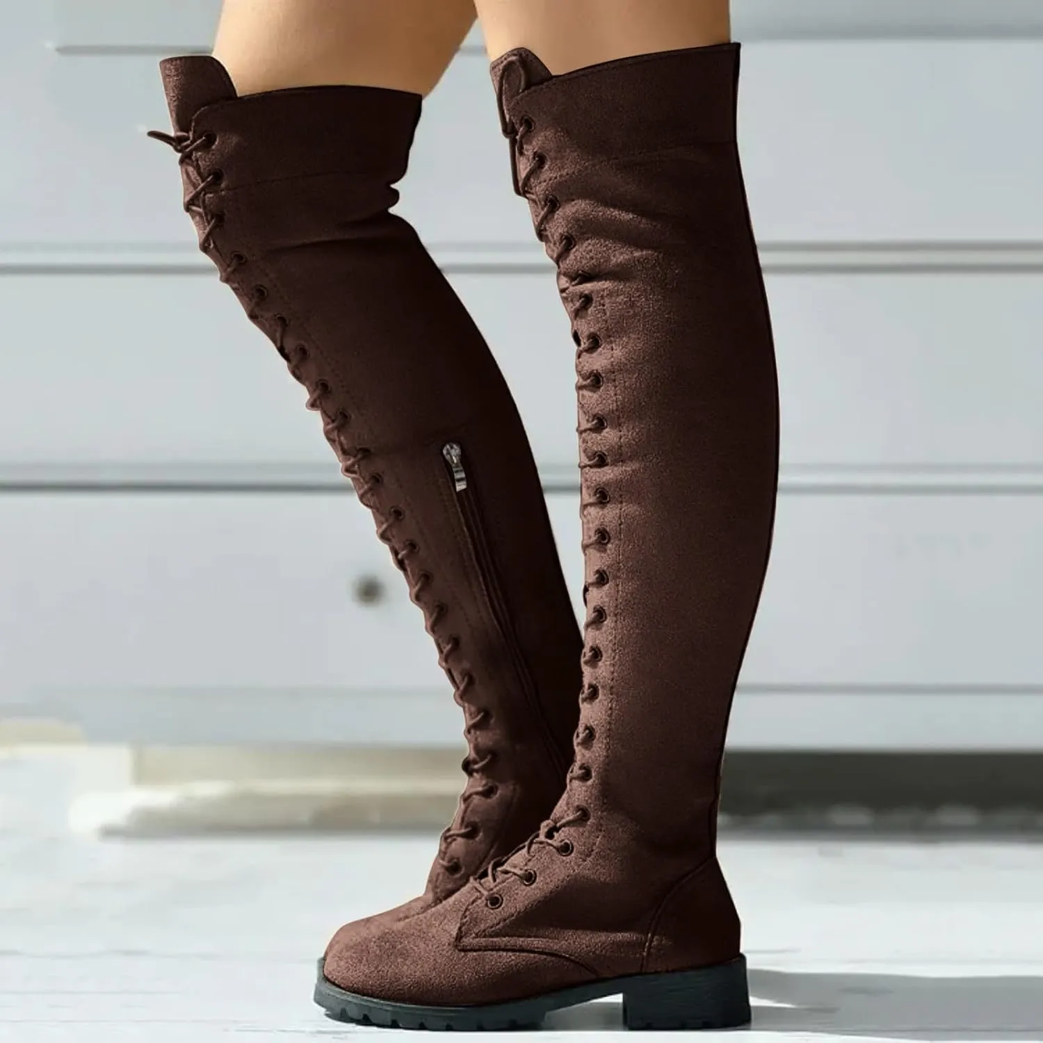 Knee Boots for Women Lace Up Over The Knee Boots Round Toe Low Heel Side Zipper Boots Fashion Thigh High Boots