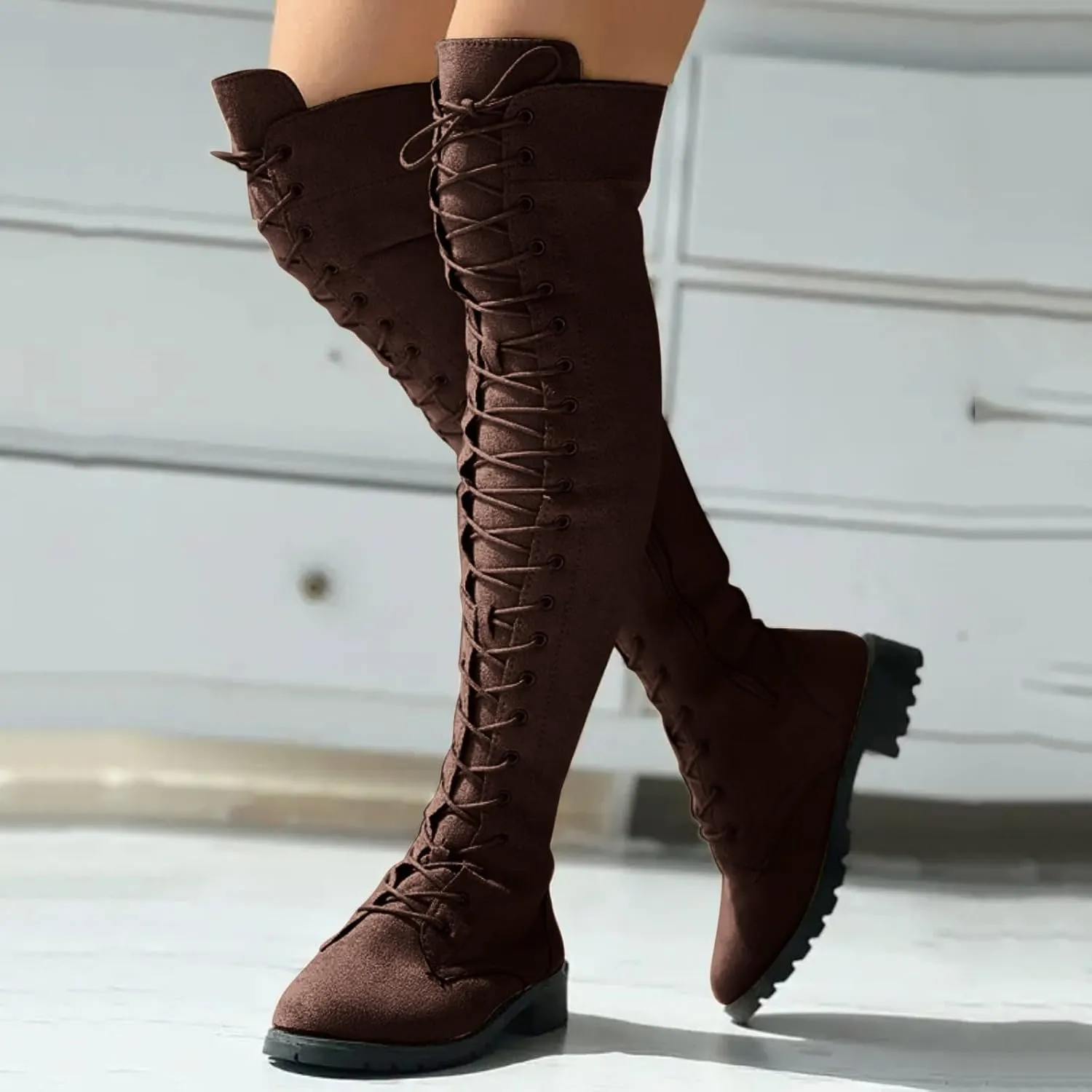 Knee Boots for Women Lace Up Over The Knee Boots Round Toe Low Heel Side Zipper Boots Fashion Thigh High Boots