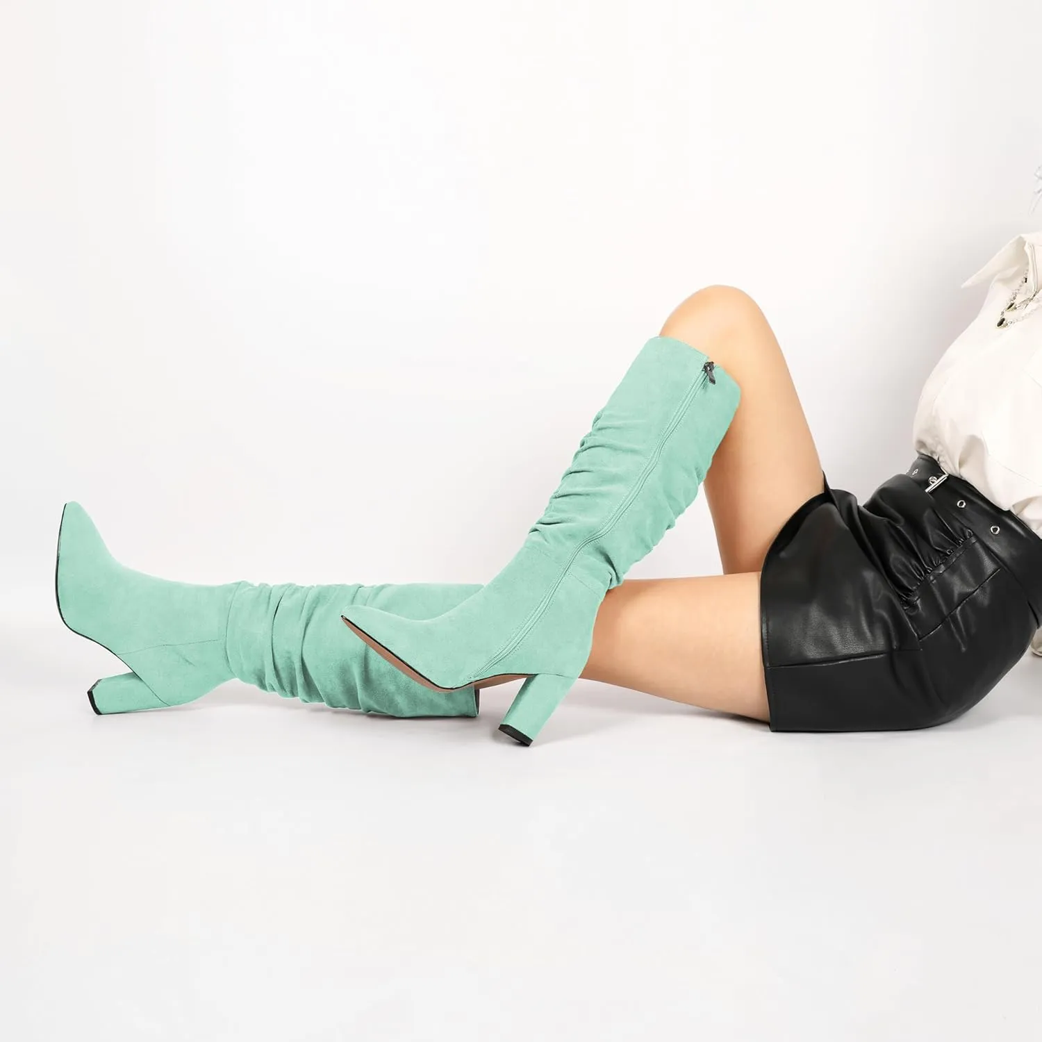 Knee High Boots for Women Chunky Heel Boots Classic Pointed Toe Boots Slouchy Booties for Work Office Comfortable Retro High Heel Boots