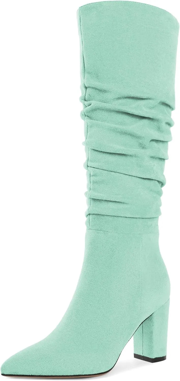 Knee High Boots for Women Chunky Heel Boots Classic Pointed Toe Boots Slouchy Booties for Work Office Comfortable Retro High Heel Boots