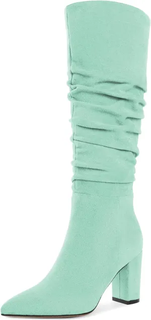 Knee High Boots for Women Chunky Heel Boots Classic Pointed Toe Boots Slouchy Booties for Work Office Comfortable Retro High Heel Boots