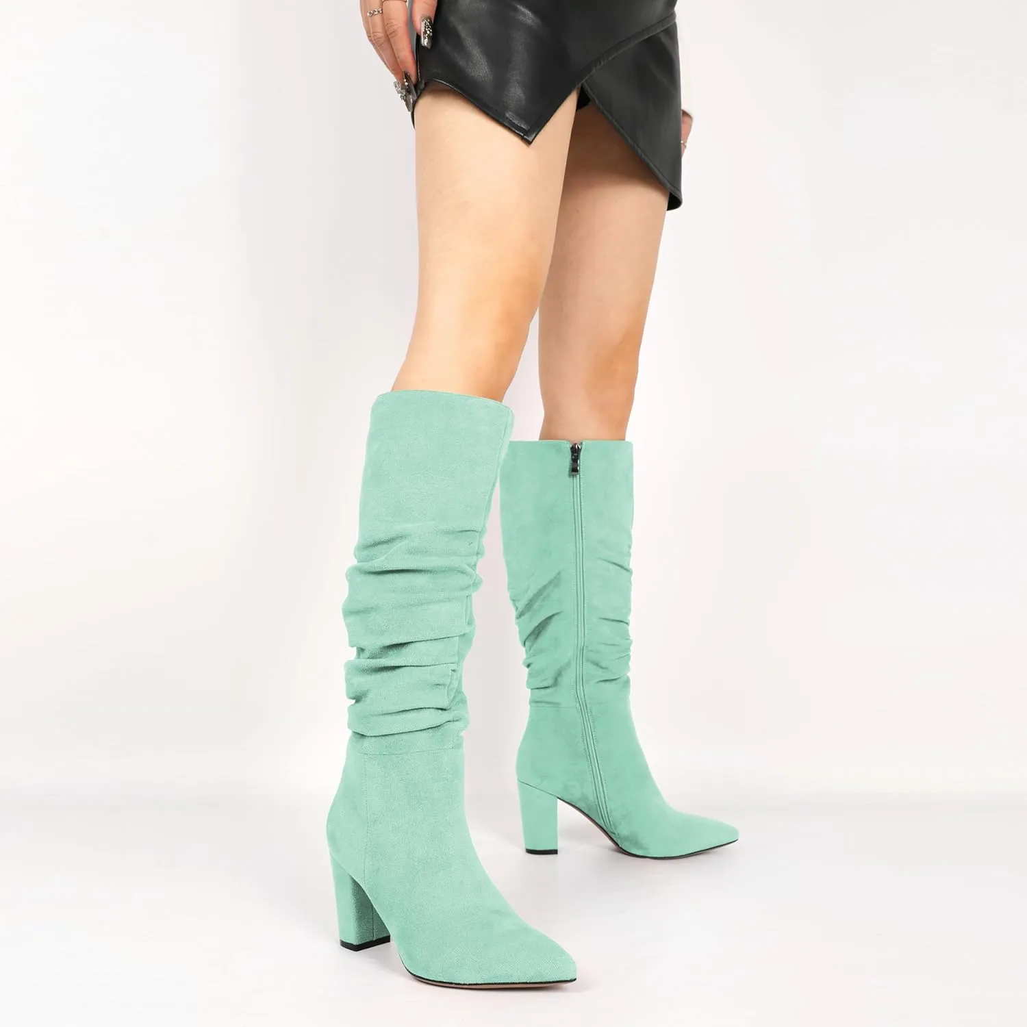 Knee High Boots for Women Chunky Heel Boots Classic Pointed Toe Boots Slouchy Booties for Work Office Comfortable Retro High Heel Boots