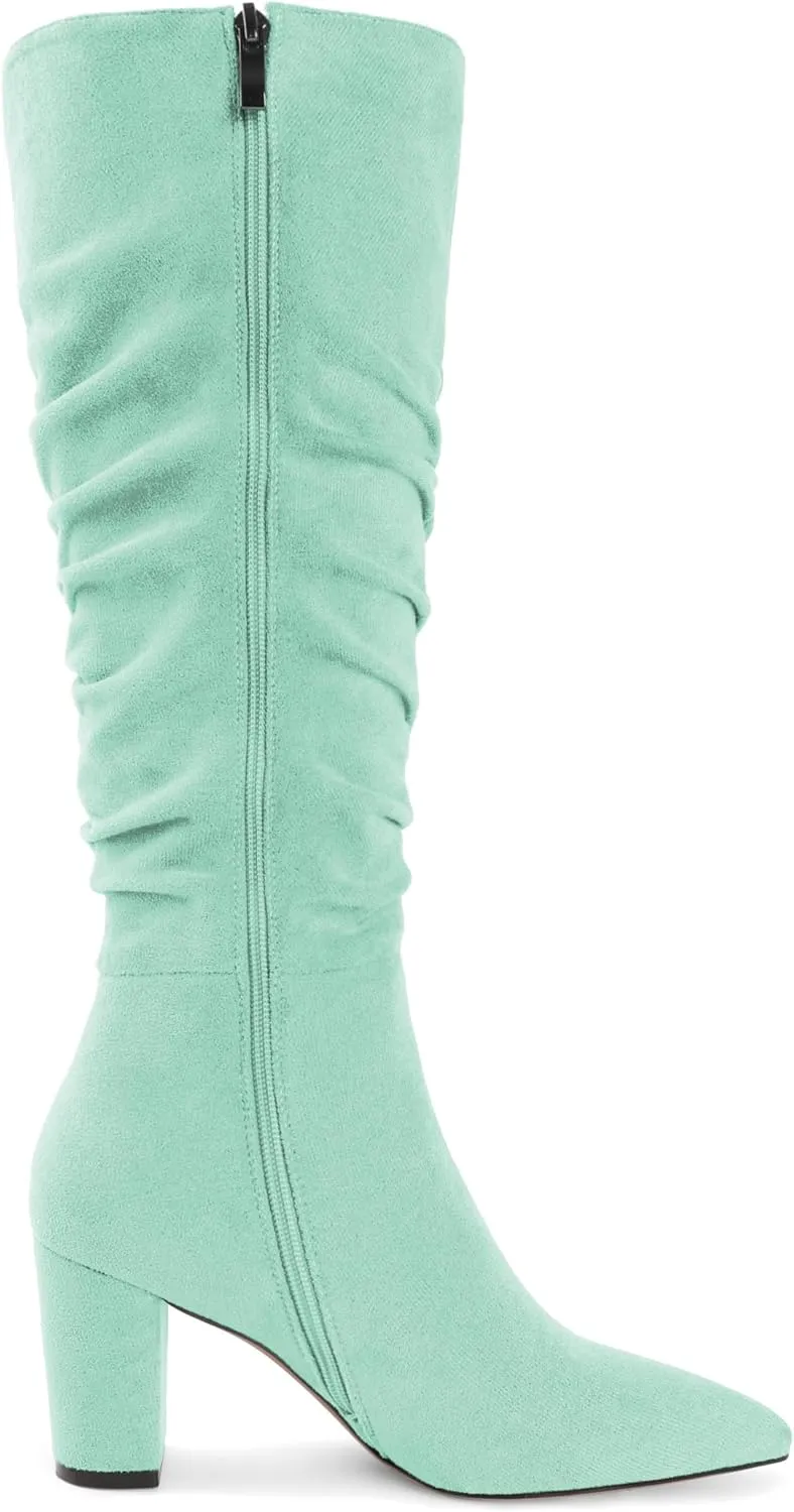 Knee High Boots for Women Chunky Heel Boots Classic Pointed Toe Boots Slouchy Booties for Work Office Comfortable Retro High Heel Boots