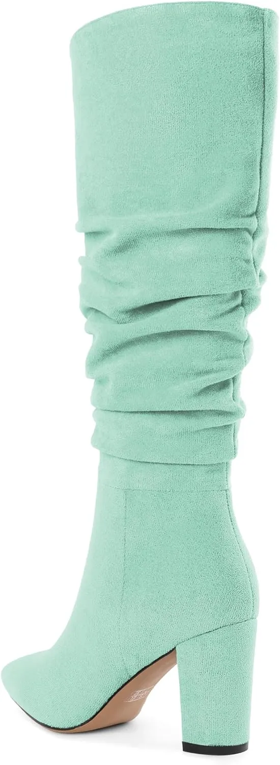 Knee High Boots for Women Chunky Heel Boots Classic Pointed Toe Boots Slouchy Booties for Work Office Comfortable Retro High Heel Boots