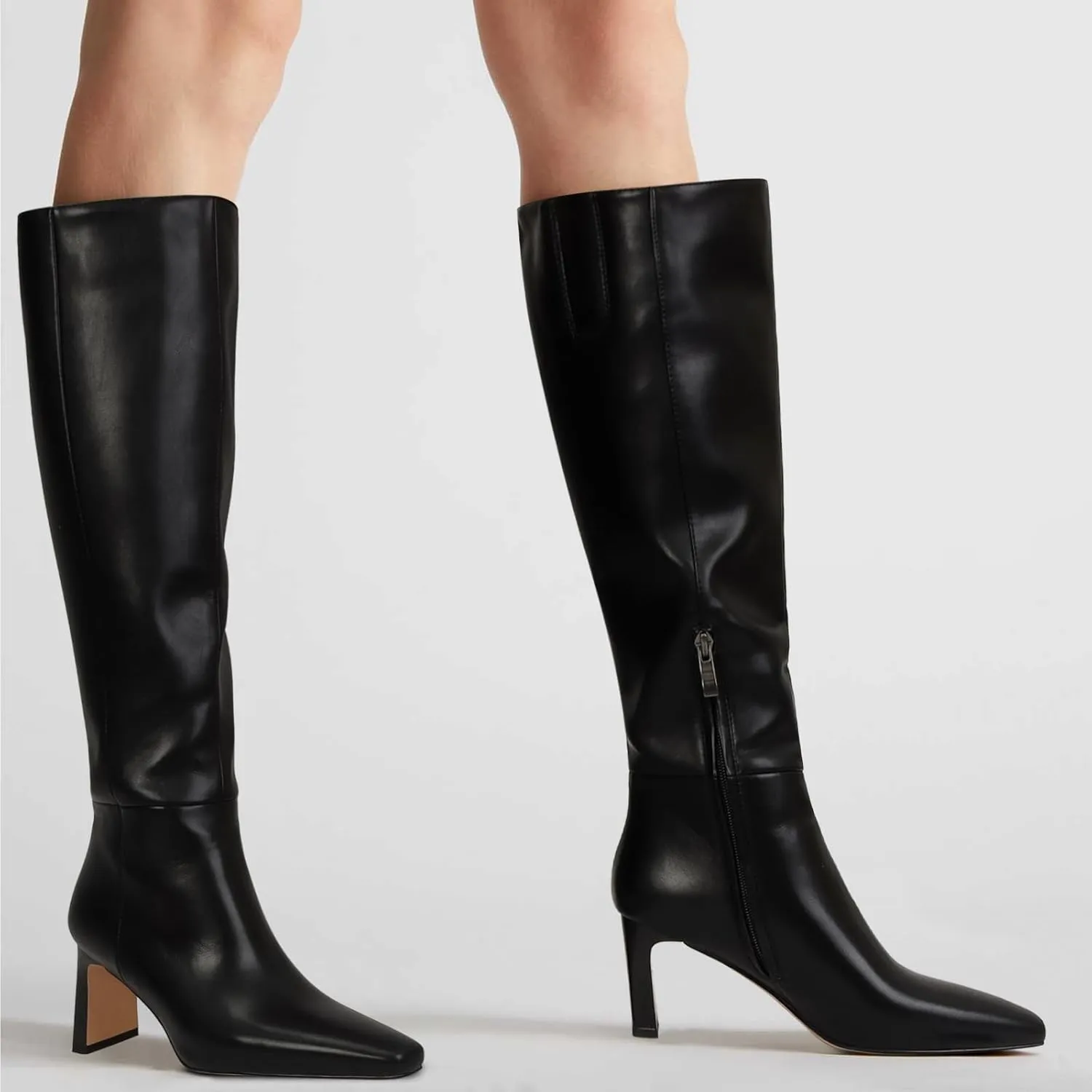 Knee High Boots for Women Square Toe Chunky Heeled Wide Calf Boots with Side Zipper Fall Dress Elastic Tall Boots