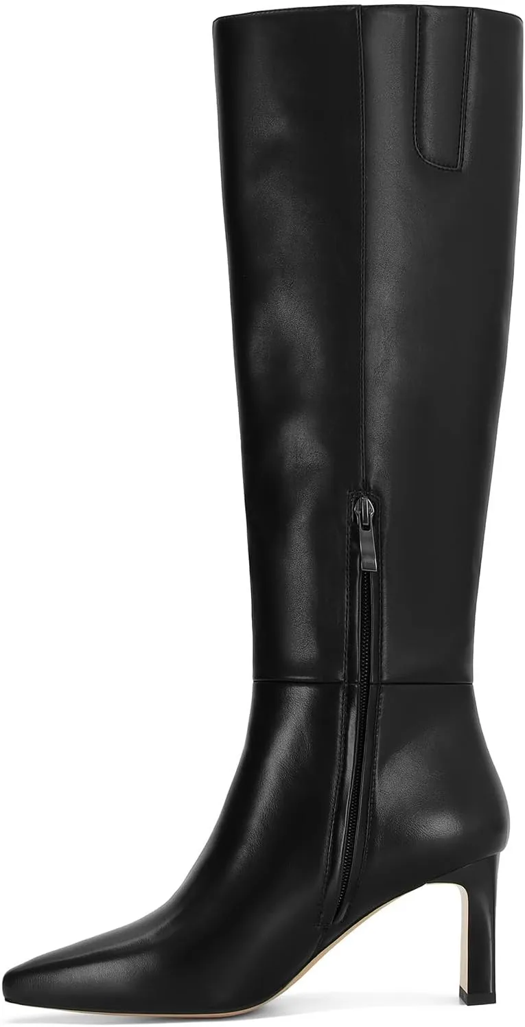 Knee High Boots for Women Square Toe Chunky Heeled Wide Calf Boots with Side Zipper Fall Dress Elastic Tall Boots