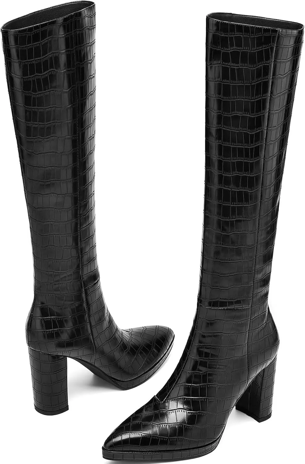 Knee High Boots Women Platform Chunky Go Go Boots Pointed Toe Tall Boots Fashion Long Boots Block High Heels Side Zip