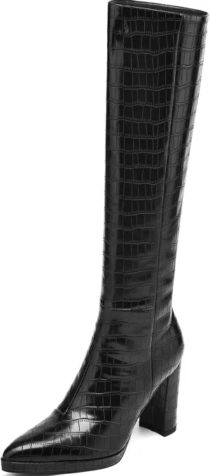 Knee High Boots Women Platform Chunky Go Go Boots Pointed Toe Tall Boots Fashion Long Boots Block High Heels Side Zip