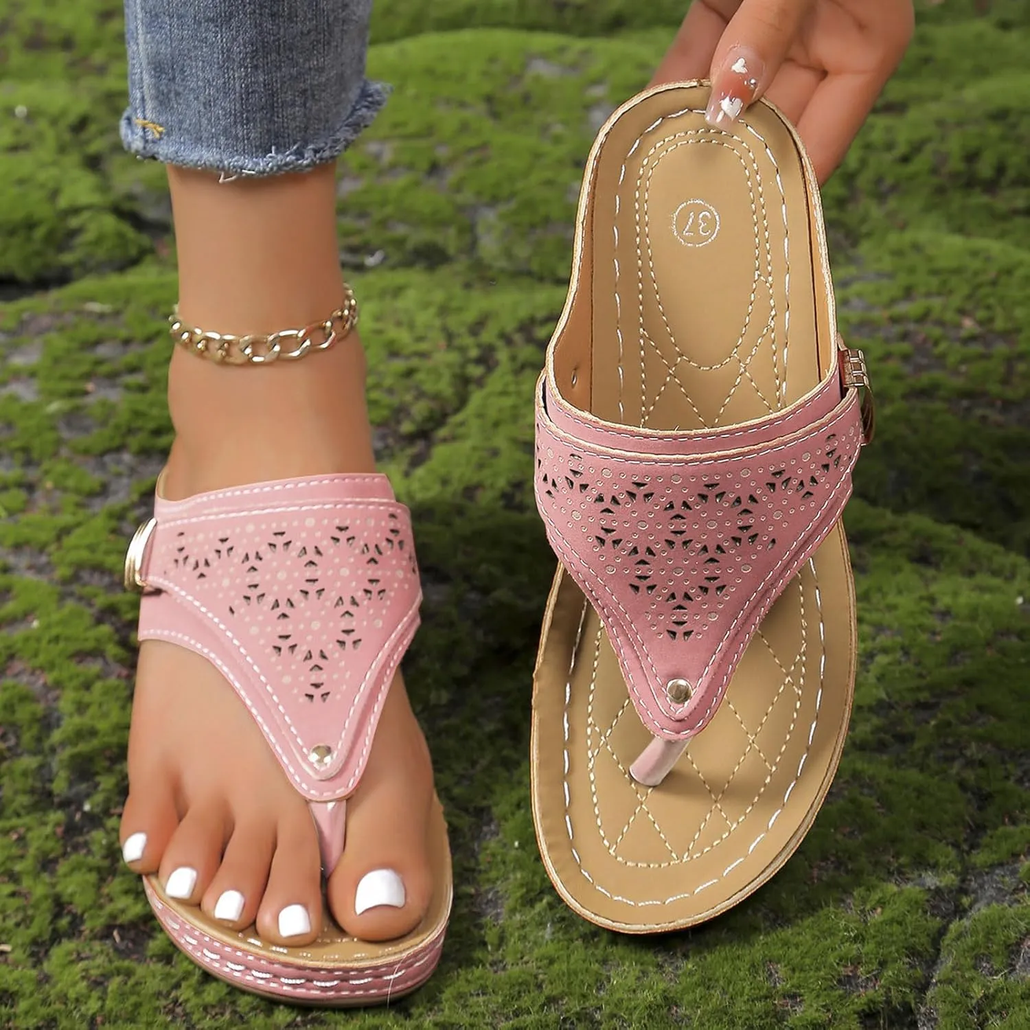 Kubbon Wedge Sandals for Women Comfortable Open Toe Platform Flips Slip On Walking Beach Slides Casual Summer Orthotic Flip Flops with Arch Support